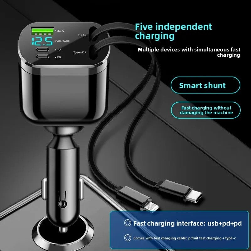 Y&D Super Fast Charging 5-in-1 Retractable Car Charger: Digital Display, Cigarette Lighter Adapter, Automobile Chargers, Fast Charging Cable - Image 4